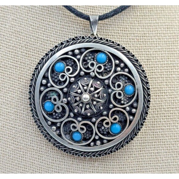 935 Sterling Silver Turquoise Jerusalem Israel Etruscan Revival Brooch Pendant - Picture 5 of 16